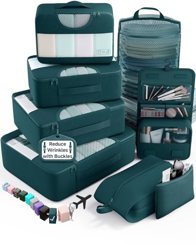 Veken 8 Set Packing Cubes for Travel Essentials,Anti-Wrinkle Buckled Suitcase Organizer for Shoe & Toiletry Bag,Carry On Luggage Bag with 99+ Count Mesh Holes for Airplane & College Dorm Accessories - color: 13 Deep Teal