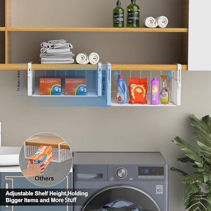 AmonHouseware 2Pack Under Shelf Storage Basket Organizer, White | Adjustable Hanging,Under Cabinet Add-on, Slide-in Baskets, for Laundry Room Kitchen Pantry Desk Bookshelf Counter Cupboard - color: White