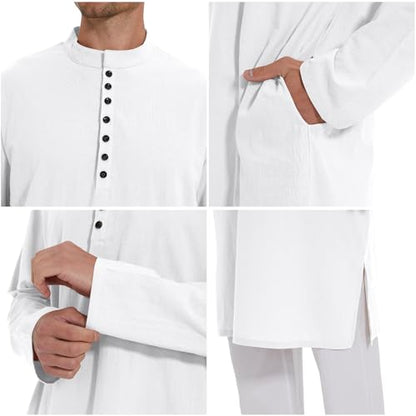YAOHUOLE Men's Long Sleeve Muslim Thobe Robe Button Up Kaftan With Side Split and Pockets - color: 02white, size: Large