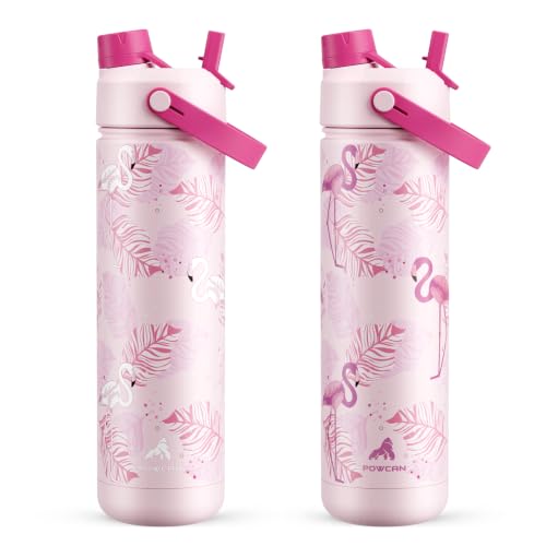 POWCAN 26 oz Insulated Water Bottle: 2-in-1 Straw Spout Lid, UV-Activated - color: Sun-Kissed Flamingo (UV-Activated), size: 26 Ounces