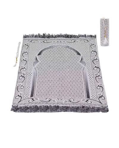 Muslim Prayer Rug and Prayer Beads with Elegant Gift Box | Islamic Prayer Rug and Rosary (Gray) - color: Grey