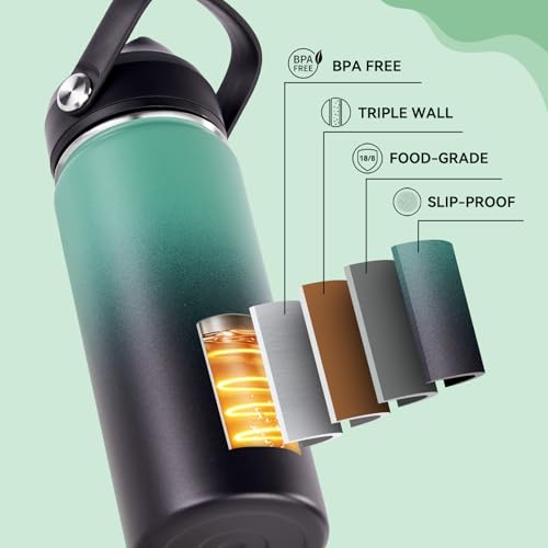 Fijinhom 24oz Insulated Stainless Steel Water Bottle, Wide Mouth Double Wall Vacuum, Silicone Straw, Sweat & Leak Proof, BPA Free Insulated Water Flask for Travel, Keep Cold 24h Hot 12h, Green & Black - color: Green & Black, size: 24 Ounces