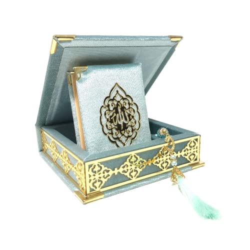 Velvet Covered Quran Tasbeeh Islamic Set | Holy Quran Prayer Beads Wooden Box Favor | Eid, Ramadan Favor (Baby Blue), Small Size / (6 x 6 in) Box-(3.8 x 4.85 in) Quran - color: Baby Blue
