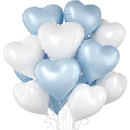 Baby Blue White Heart Balloons, 10PCS Foil for Boys Baby Shower Party Decor - color: Baby Blue White