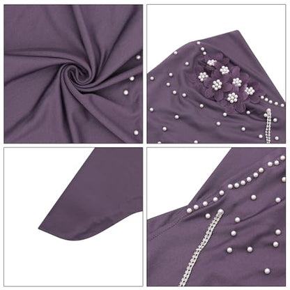 RARITYUS Women Bling Rhinestone Pearl Instant Scarf Muslim Hijab Fashion Shawl Head Wrap Turban Cap with Flower Accent - color: Purple