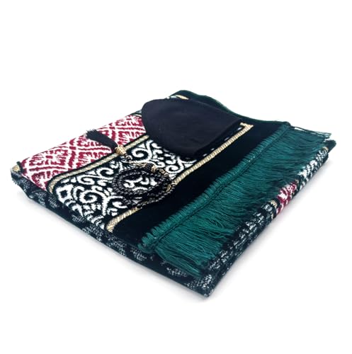 Velvet Islamic Prayer Rug Set (Thick Prayer Mat - 99 Tasbih Prayer Beads - Black Cotton Kufi Hat) Eid and Ramadan Gift for Muslims (Green) - color: Green