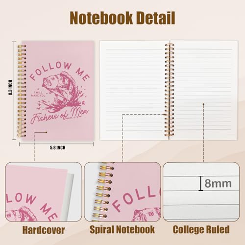 WUCHJ Pink Retro Fish Christian Notebook, Matthew 4:19 Bible Verse Journal, Religious Scripture Spiral Notebook Journal for Note Taking, Christian Faith Based Gifts for Women Men, 5.5x8.3 Inch - color: pink fish follow me