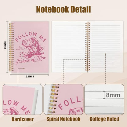 WUCHJ Pink Retro Fish Christian Notebook, Matthew 4:19 Bible Verse Journal, Religious Scripture Spiral Notebook Journal for Note Taking, Christian Faith Based Gifts for Women Men, 5.5x8.3 Inch - color: pink fish follow me