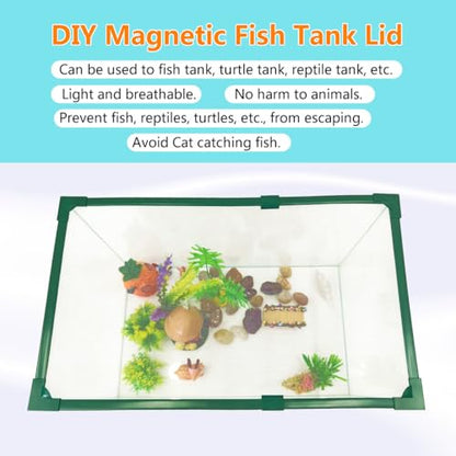 Magnetic Fish Tank Lid Green Frame Grey Fiberglass Mesh, DIY Fish Tank Cover Adjustable Size Fit Tank Size Max 35''X19'' for Preventing Fish from Jumping Out and Reptile Escaping - color: Green Frame Grey Fiberglass Net