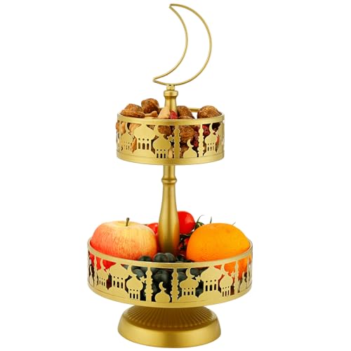 2 Tiered Ramadan Serving Trays Decorations for Home - Eid Mubarak Metal Platters Table Decor Gifts, Islam Muslim Al-Fitr Iftar Party Food Display Dishes (Palace Pattern)