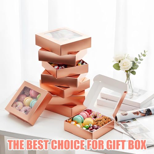 Zonon 30 Pcs Kraft Paper Boxes with Window 4.13 x 4.13 x 1.18 Inch Candy Packaging, Small Gift Boxes, Soap holder, Mini Treat Packaging for Bakery Chocolate Jewelry Display (Rose Gold) - color: Rose Gold