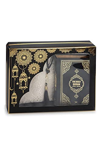 ihvan online Prayer Gift Box for Hajj and Umrah, Quran with English Translation, Muslim Prayer Rug, Islamic Mat, Holy Quran,99 Pearly Beads Tesbih, Islamic Deluxe Set for Ramadan & Eid Gift - color: Black / Set 1