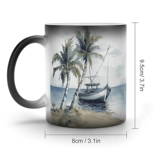 Palm Trees Fishing Boat Coffee Mug Heat Sensitive Discoloration Ceramic Cup Personalized Color Changing Coffee Cups Unique Cup Gift for Family Friends Birthday Aniversary