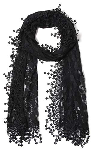 Cindy & Wendy Lightweight Soft Leaf Lace Fringe Scarf Bridal Shawl for Women - color: Black-1