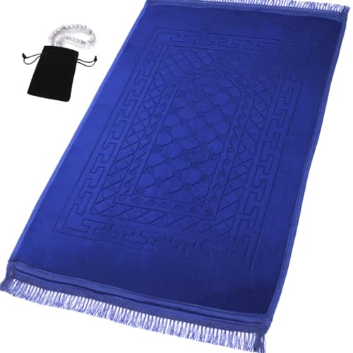 Prayer Rug Muslim Mat Islamic - Thick Prayer Rug Sajadah for Kids Men Women with Islam Prayer Beads for Eid Travel Ramadan, Soft and Luxury (Blue) - color: Blue