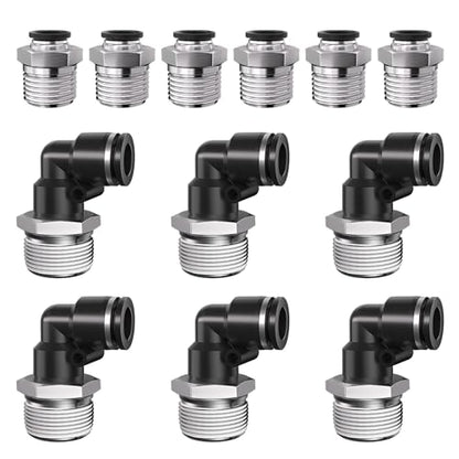1/4" Tube OD to 1/2" NPT Thread Push to Connect Fittings,Pneumatic Quick Air Hose Fittings,Male Straight + Elbow,PC+PL(12pcs) - color: Black PC+PL, size: 1/4"OD x 1/2"NPT