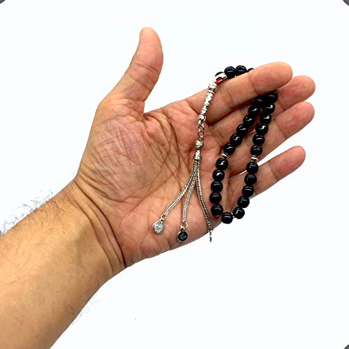 Shiny Black Glass Prayer Beads, Worry Beads, Tesbih, Tasbih, Tasbeeh, Misbaha, Masbaha, Subha, Sebha, Rosary (8 mm 33 Beads) - color: Shiny Black Glass Beads -8 mm 33 Beads-