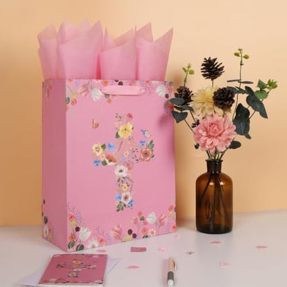 13" Large Floral Religious Gift Bag Set with Handles, Greeting Card, Tissue Papers and Stickers for Women Girls, for First Communions, Baby Girl Baptisms, Christenings, Religious Occasion, Clergy Day, Cross Design, 1 Pcs - color: (13'' Large)Pink