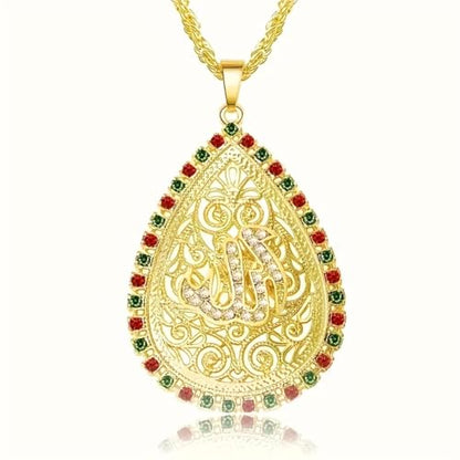 Teardrop Necklace for Women with Zircon & Allah Quran Pendant | Religious Amulet Jewelry, Islamic Muslim, Engraved Patterns