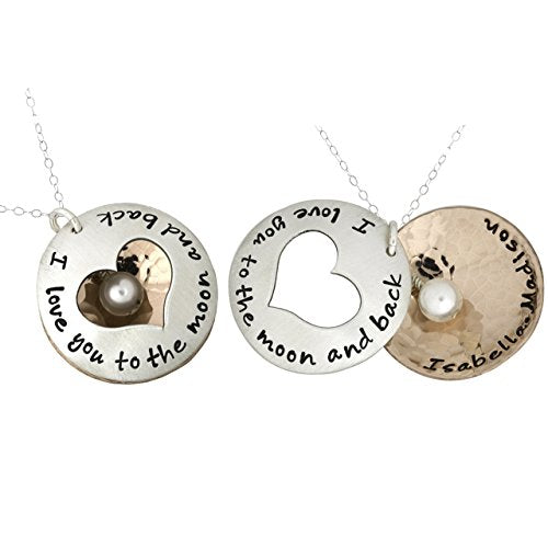 Personalized I Love You to the Moon and Back Charm Necklace. Customize a Sterling Silver Disc and an Rose Gold Plated Disc. Add a Freshwater Pearl or Birthstone. Choice of Sterling SIlver Chain - style: 16" Box Chain