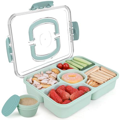 Large Snackle Box Container with Dip Container, 5 Compartments Snack Container with Lid and Handle, Veggie Fruit Divided Serving Tray for Party, Picnic, Dishwasher Safe, BPA-Free - color: Green