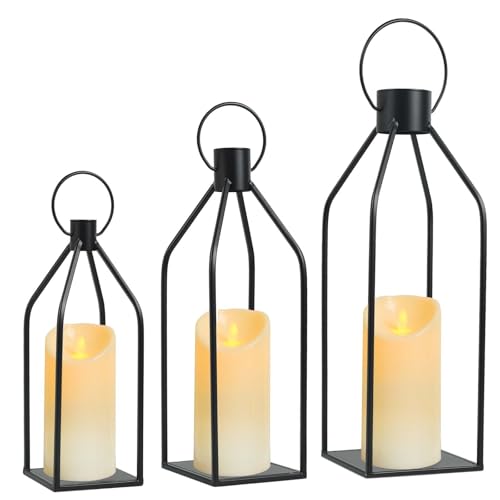 Set of 3 Decorative Lanterns (19"/16"/13") - Black Metal Indoor Outdoor Lanterns with Flickering LED Candles, Front Entrance Decor for Home Wedding Christmas - color: Black, size: Set of 3 ( 19" 16" 13" )