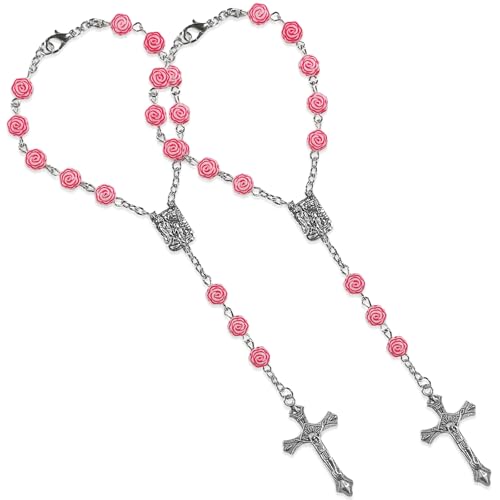 2 PCS Rosary for Rearview Mirror, Religious Cross Bead & Medal Car Rear View Mirror Hanging Ornament, Personalized Rosary Pendant Christian Auto Decoration for Women Men (Pink Rose) - color: Pink Rose