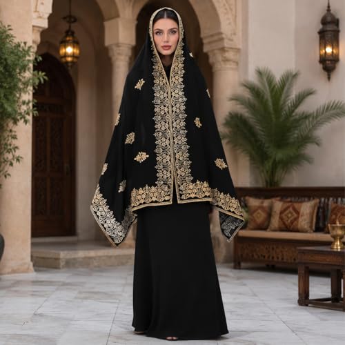 OhMill Black Hijab Scarf Soft Floral Embroidered Chiffon Headscarf Lightweight Lace Scarves Long Shawl Wrap for Women Wedding - color: Leave