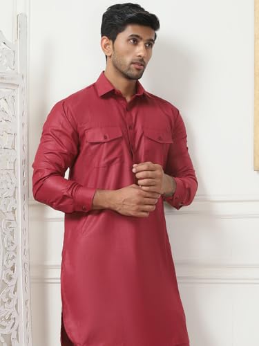 Maple Clothing Punjabi Kurta Pajama Set Pathani Mens Cotton Indian Clothes Bollywood Outfit - color: Maroon, size: Small