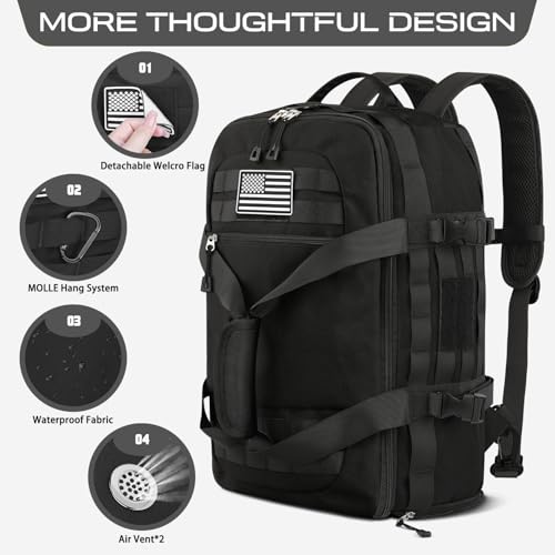 Gym Bags for Men Women, Carry On Luggage 22x14x9 Airline Approved, Tactical Duffle Bag with Shoe Compartment, 3 in 1 Carry on Travel Backpack with Wet Pocket, Weekender Overnight Bag, Black - color: Black, size: Medium