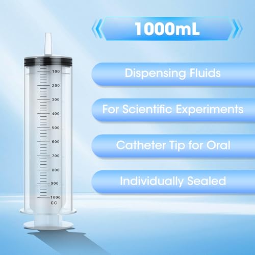 1000ml Large Syringe for Thick Liquids, Individually Wrapped | Plastic Syringe Without Needle for Scientific Labs, Measuring, Refilling - style: 1000cc