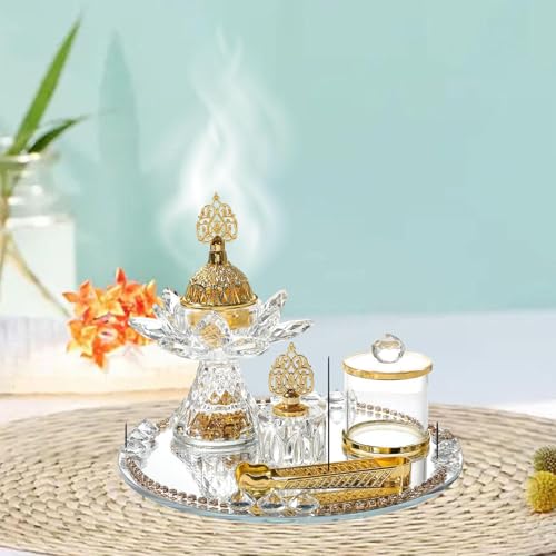 Generic Glass Incense Burner 5-Pieces Set Ramadan Decoration with Tray Storage Jar and Tongs Censer Arabian Incense Holder,Attractive Gold Incense Burner Set for Yoga SPA Desk Decor - style: Style D