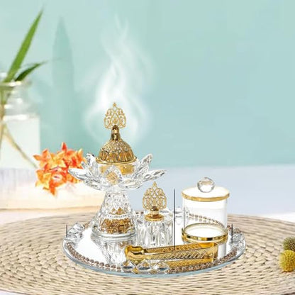 Generic Glass Incense Burner 5-Pieces Set Ramadan Decoration with Tray Storage Jar and Tongs Censer Arabian Incense Holder,Attractive Gold Incense Burner Set for Yoga SPA Desk Decor - style: Style D
