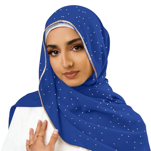 Hijab Scarf for Women Soft Chiffon Rhinestone Long Scarf Shawl Fashion Muslim Hijab Head Wrap Scarves - color: Royal Blue