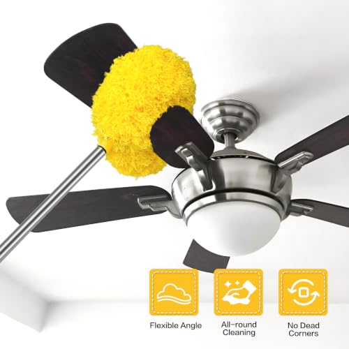Ceiling Fan Cleaner Duster Reusable Microfiber Ceiling Fan Blade Cleaner Removable Duster with Extension Pole Adjusts 13 to 49.7 Inch for Cleaning Walls Bookshelves Furniture Door Window Top (Yellow) - color: Yellow