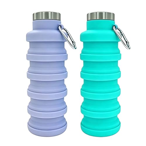 YCT Collapsible Water Bottle 17oz（500ml），Travel Portable Sport Water Bottle，Reusable Silicone Foldable Water Bottles for Gym Camping Hiking (Purple+Teal) - color: Purple+Teal, style: Retractable