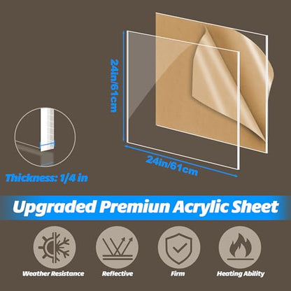 24x24 Clear Plexiglass Sheet, 1/4 Thick, 6mm Cast Acrylic for DIY Crafts, LED Projects, Tabletop, Aquarium Lid, Window
