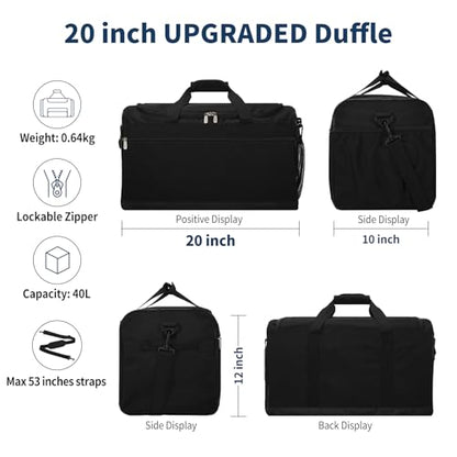 Gym Bag 20 inch Sport Duffle Bag for Men, Black | 40L, Weekender, Travel - color: Black