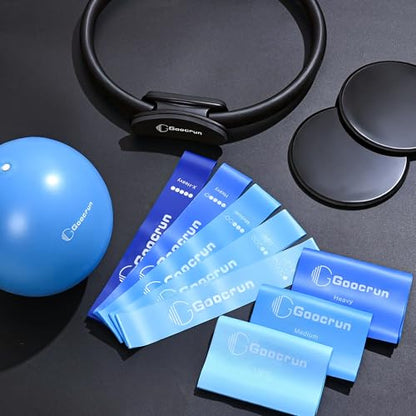 Goocrun Pilates Ring Set Exercise Equipment, with Exercise Resistance Bands Set, Pilates Ball, Sliding Disks. Portable Home Gym - with Fitness Guide Poster - color: Black, size: Basic-level