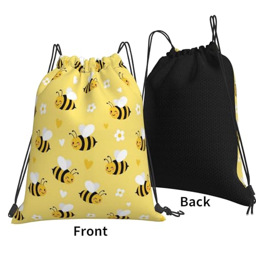 Polyester Drawstring Bag for Men Women, Cute Honeybee Bee Light Yellow, Large Capacity Sports Sack for Beach Swimming - color: Pattern (377)
