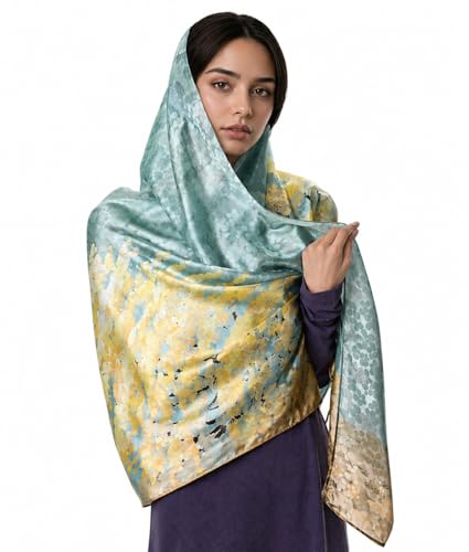 Extra Large Silk Scarf for Women 100% Mulberry Silk Shawl Wrap Oversized Jacquard Floral Scarves with Elegant Gift Box - color: Green Blossom