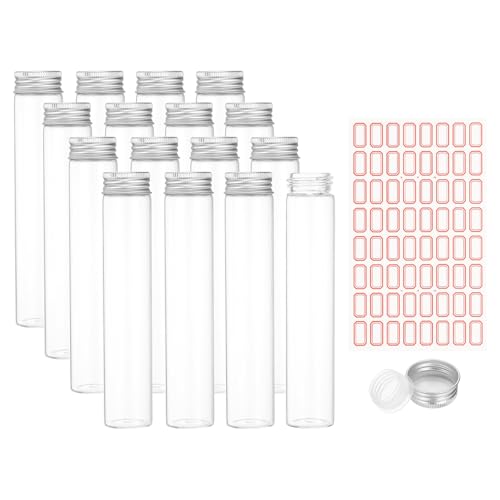 PATIKIL 80ml Test Tubes with Caps, 24Pcs 30x150mm Glass Clear Flat Bottom Test Tube Containers with Plastic Cap for Bead Party Candy Bath Salt Storage Scientific Experiment Plant(Silver) - color: Silver, size: 30x150mm