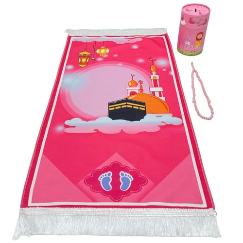 Modefa Turkish Islamic Child Prayer Rug Gift Set - Thin Praying Carpet for Boys and Girls - Muslim Digital Print Kids Prayer Mat Gift Ramadan or Eid with Tesbih Prayer Beads - Pink