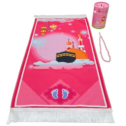 Modefa Turkish Islamic Child Prayer Rug Gift Set - Thin Praying Carpet for Boys and Girls - Muslim Digital Print Kids Prayer Mat Gift Ramadan or Eid with Tesbih Prayer Beads - Pink