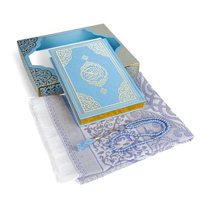 FURKAN Thermo Leather Quran Blue, Prayer Rug and Prayer Beads, Zuhre Gift Box - Blue - color: Blue