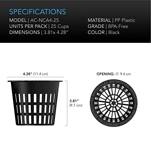 AC Infinity Net Cups 10cm Heavy Duty Garden Slotted Net Pots with Wide Lip | Wide Lip Rims, 25-Pack Black Bucket Basket for Indoor Outdoor Growing, Orchids, Aquaponics, Hydroponics - size: 4"