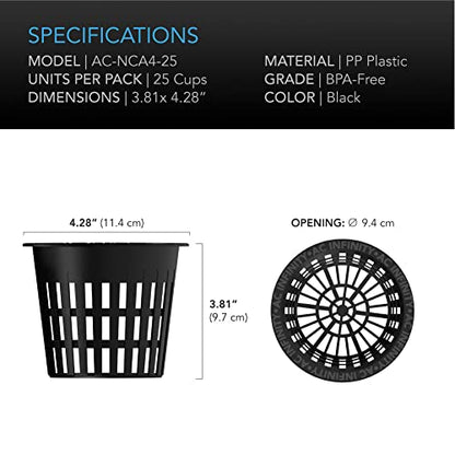 AC Infinity Net Cups 10cm Heavy Duty Garden Slotted Net Pots with Wide Lip | Wide Lip Rims, 25-Pack Black Bucket Basket for Indoor Outdoor Growing, Orchids, Aquaponics, Hydroponics - size: 4"