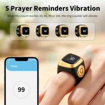 IQibla Smart Zikr Ring, Smart Ring Counter Waterproof Digital Counter & Vibration Reminder, Unisex Azan Alarm Clock Finger Counter for Muslims(18mm Black) - size: 18mm Black