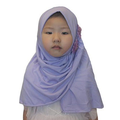 Soft Instant Hijab for Kids Girls Muslim Headscarf Islamic Scarf Shawl Wrap with Flowers - color: Lavander-2 Flowers