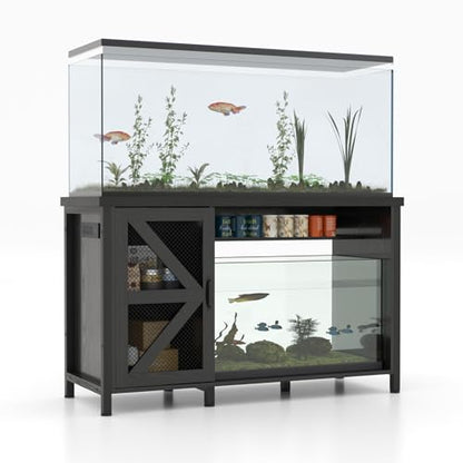 55-75 Gallon Aquarium Stand, Fish Tank Cabinet | Turtle Tank Stand, Power Outlets, LED Light, Adjustable Shelf, 52" x 19.7" Desktop, Heavy Duty Metal, 1100LBS Capacity, Black - color: Black